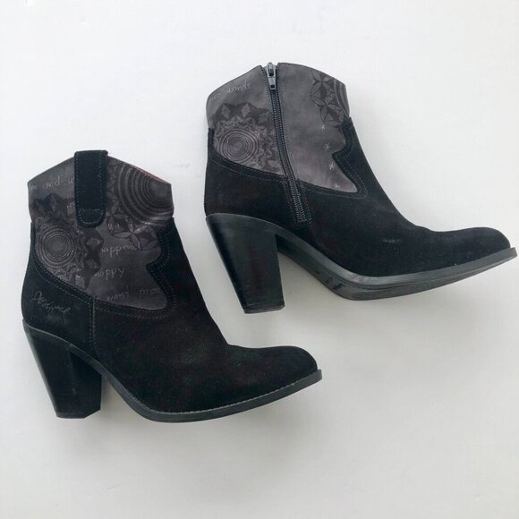 DESIGUAL Suede Ankle Boot Western Boho Style Black Grey Design Pink EU 39/US 8.5 - Picture 7 of 16